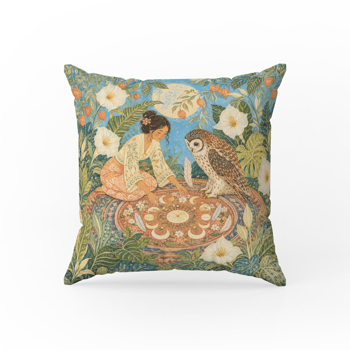 The Moonlit Owl Garden – Botanical Fantasy Pillow Main image