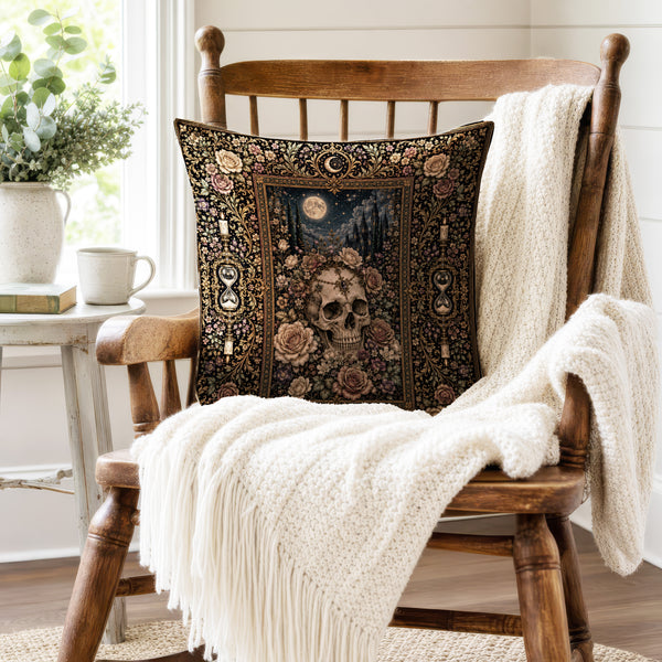 Memento Mori Garden – Skull & Roses Gothic Pillow