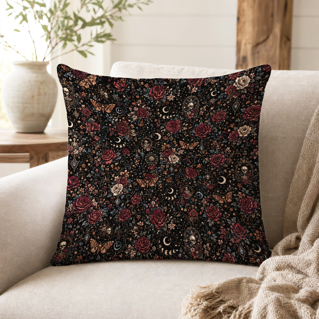 Crimson Nocturne – Gothic Rose & Moon Pillow
