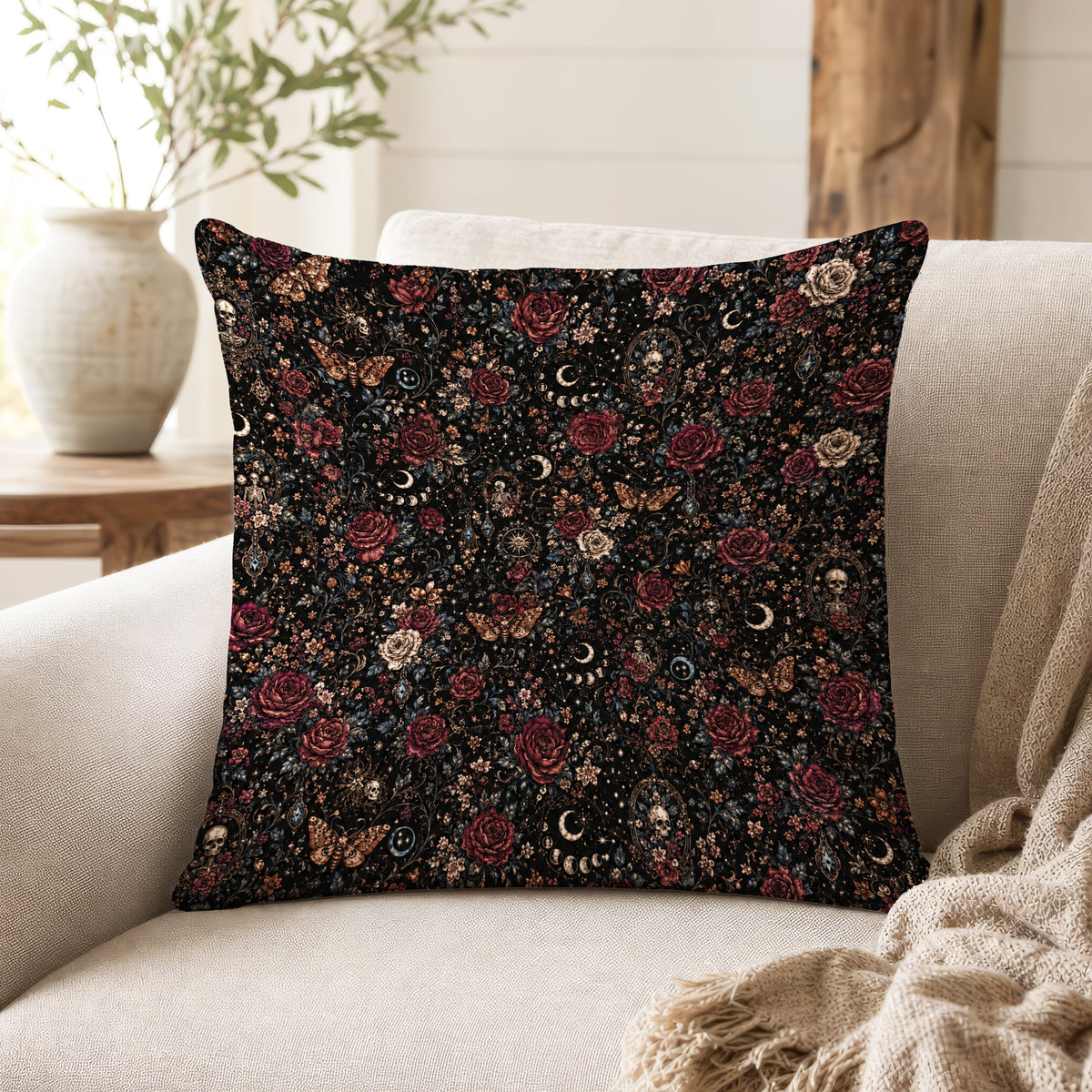 Crimson Nocturne – Gothic Rose & Moon Pillow