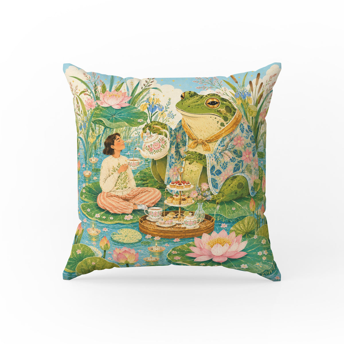 Tea with the Frog – Whimsical Pond Pillow Main image