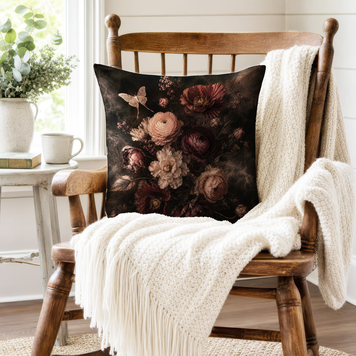 Nocturne Bouquet – Dark Floral Moth Pillow