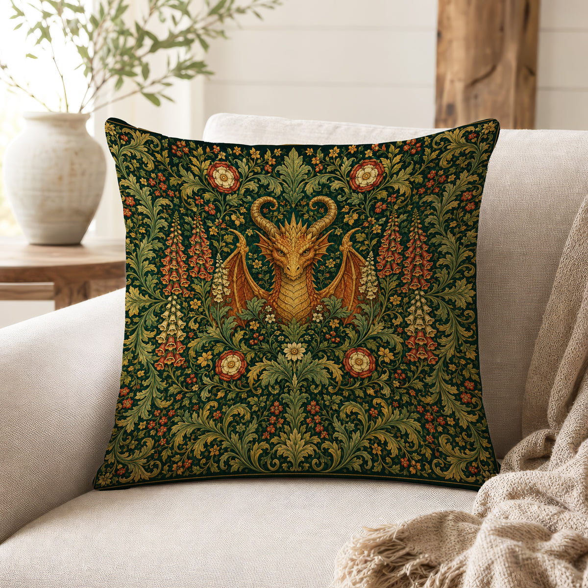 The Horned Wyrm – Medieval Dragon Floral Pillow