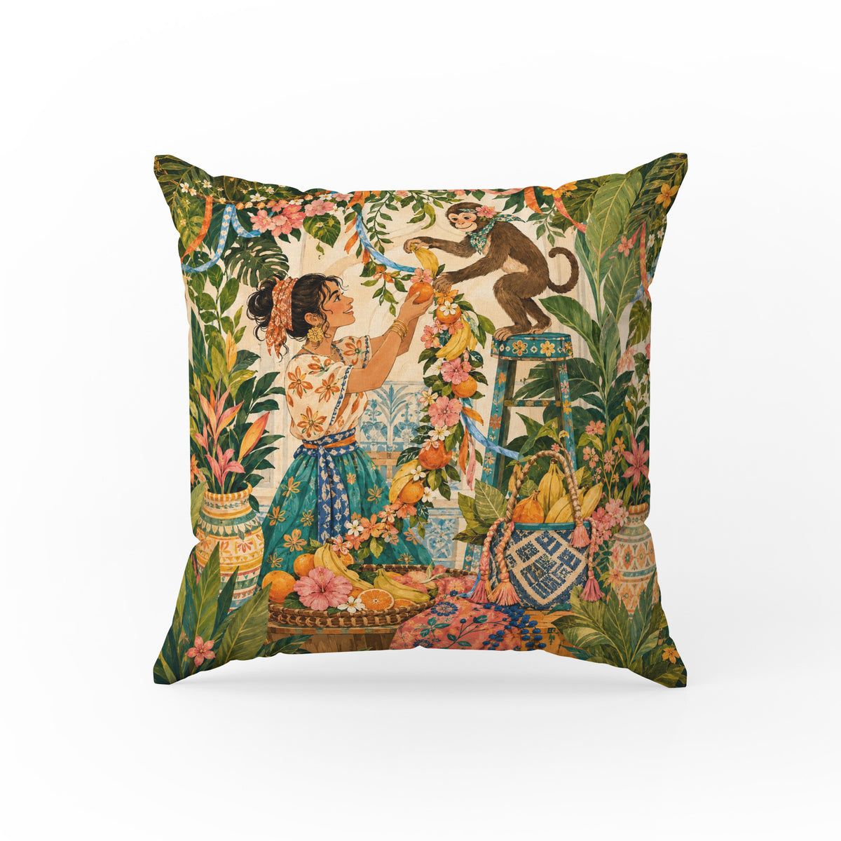 Monkey Garland Garden – Tropical Storybook Pillow Main image