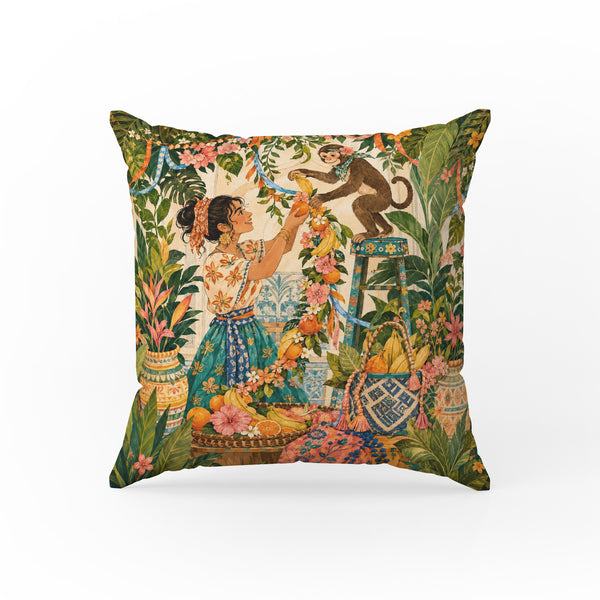 Monkey Garland Garden – Tropical Storybook Pillow