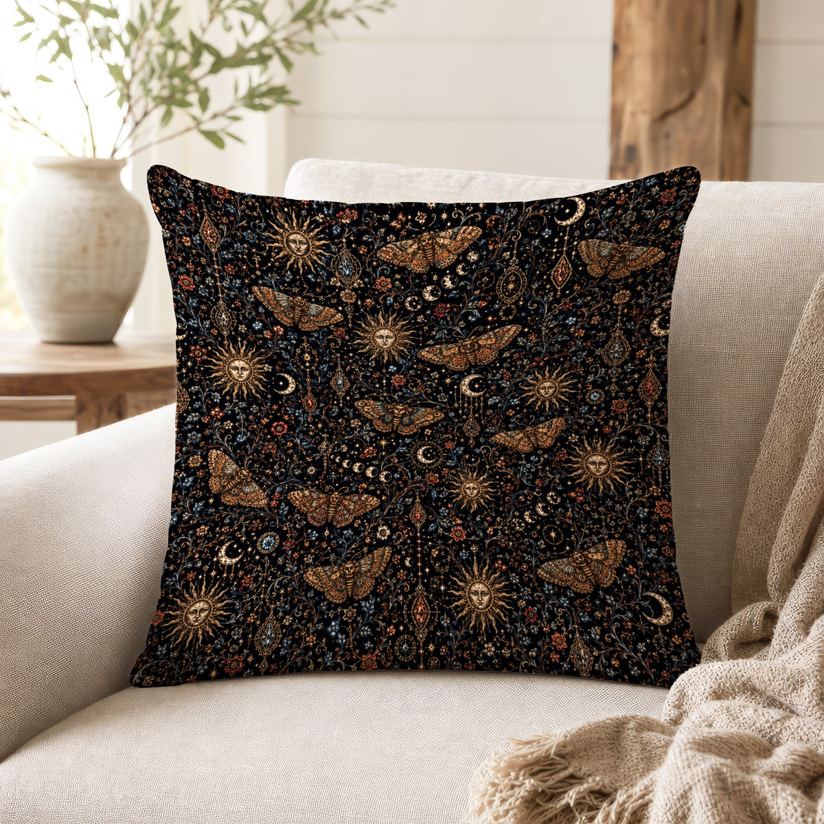 Celestial Moths – Sun & Moon Gothic Pillow