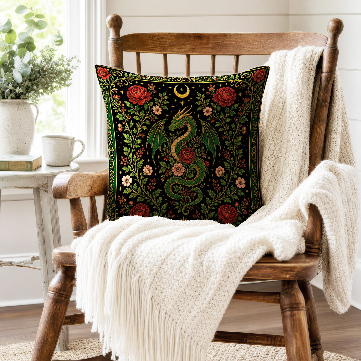 Verdant Wyrm – Gothic Dragon Floral Pillow