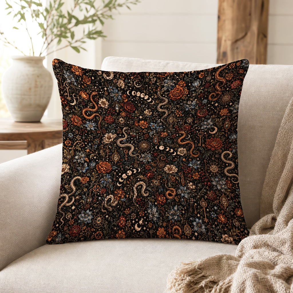 Serpent & Moon Garden – Gothic Botanical Pillow