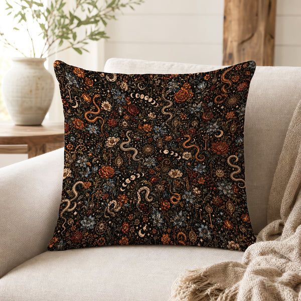 Serpent & Moon Garden – Gothic Botanical Pillow