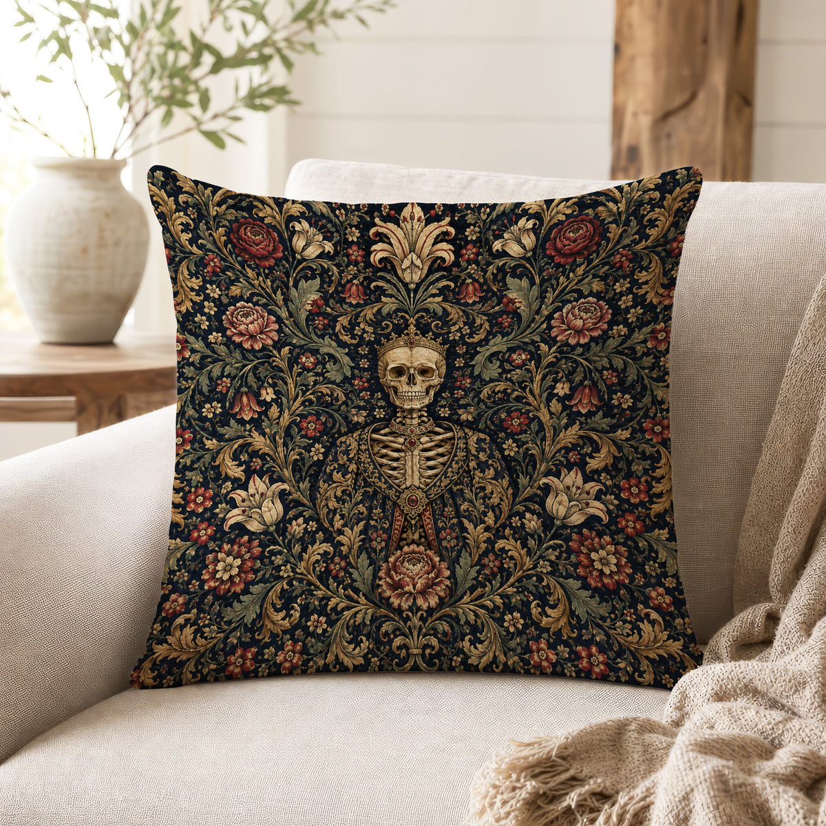 The Court of Bones – Medieval Skeleton Tapestry Pillow