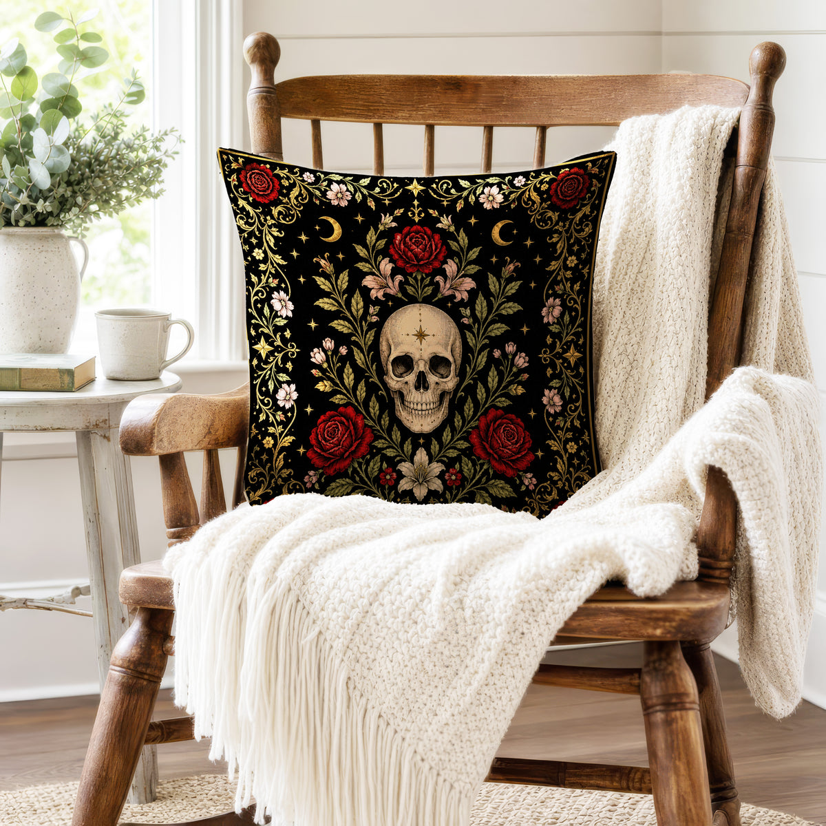 Roses for the Departed – Skull Floral Gothic Pillow