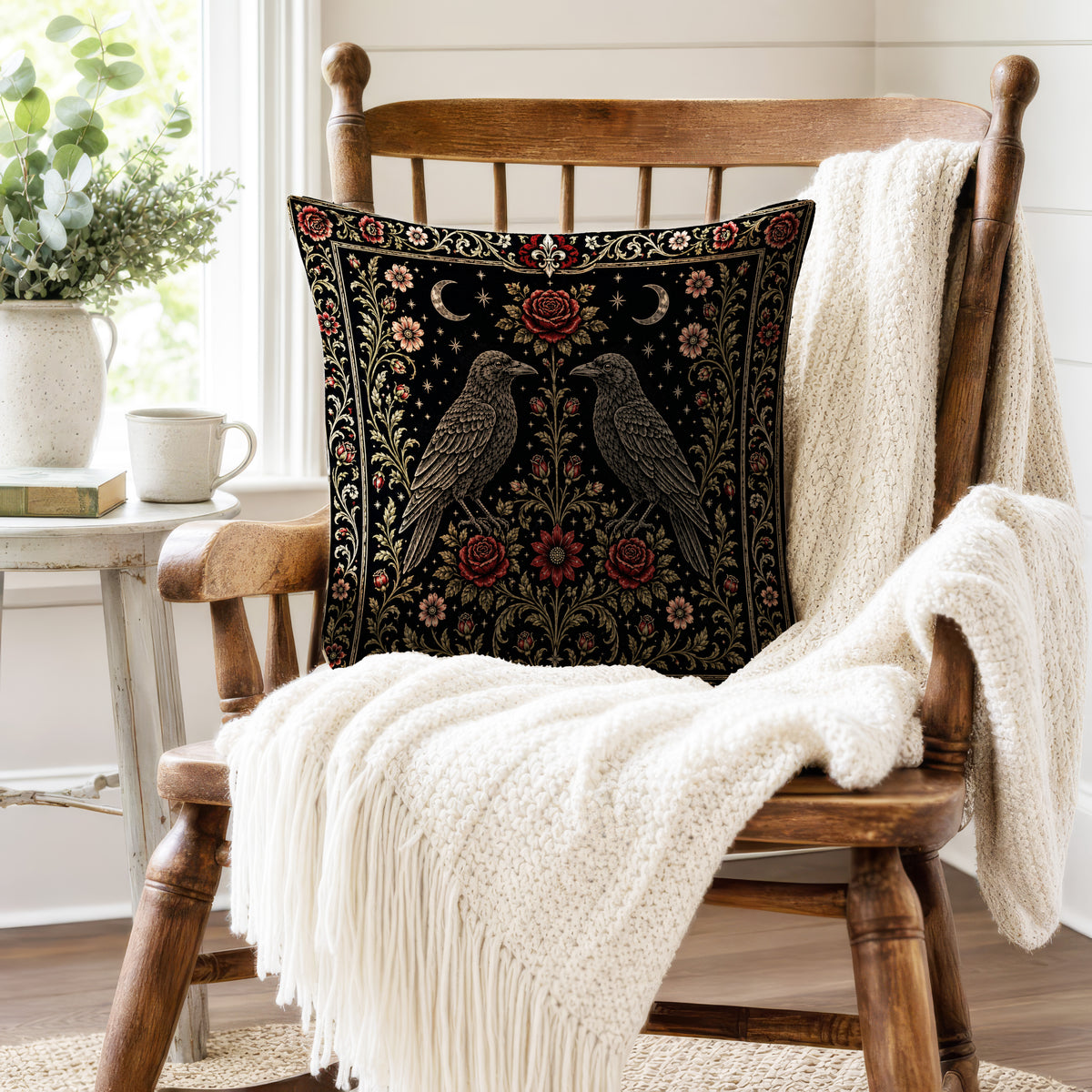 The Raven Pair – Gothic Rose Pillow