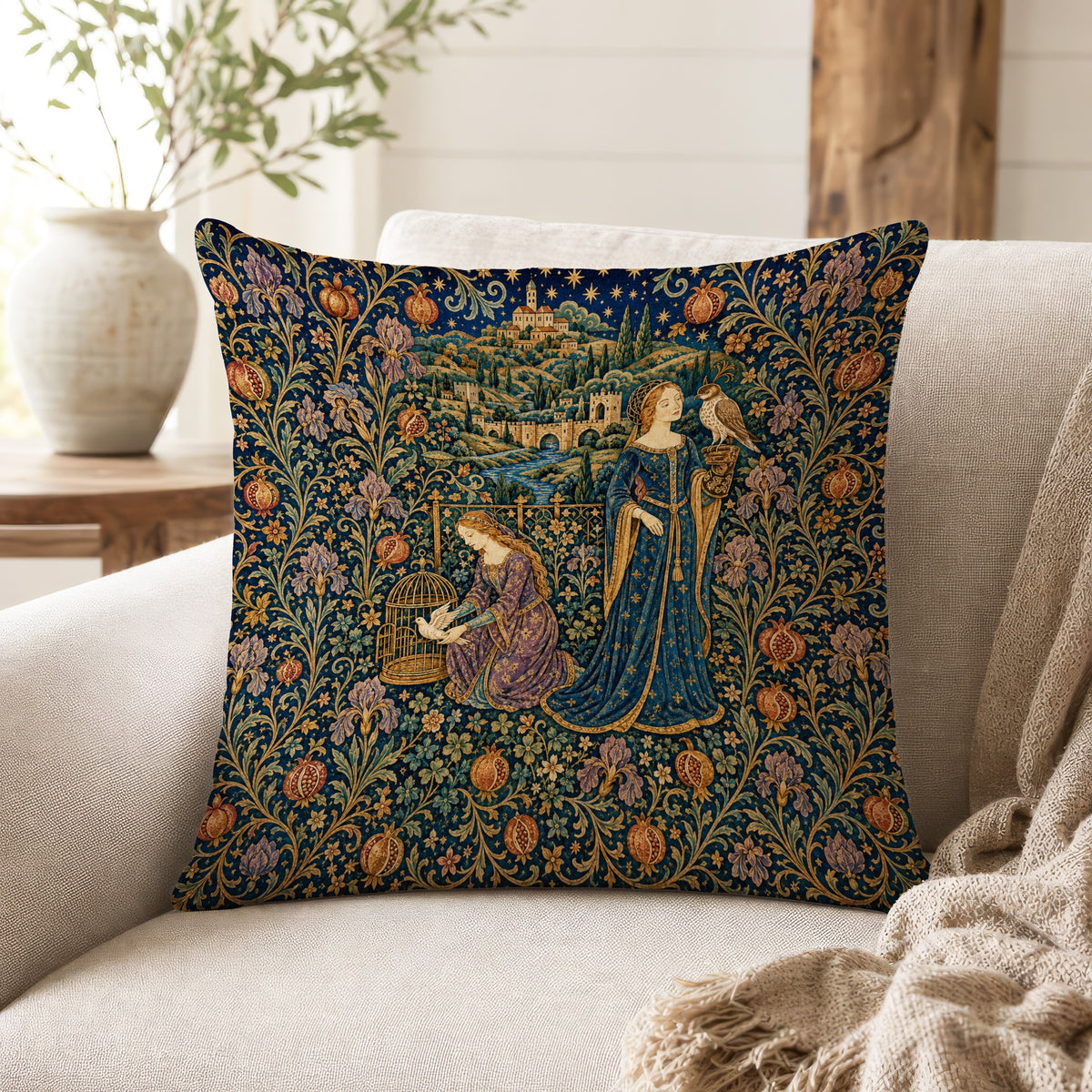 The Falconer’s Garden – Medieval Tapestry Pillow