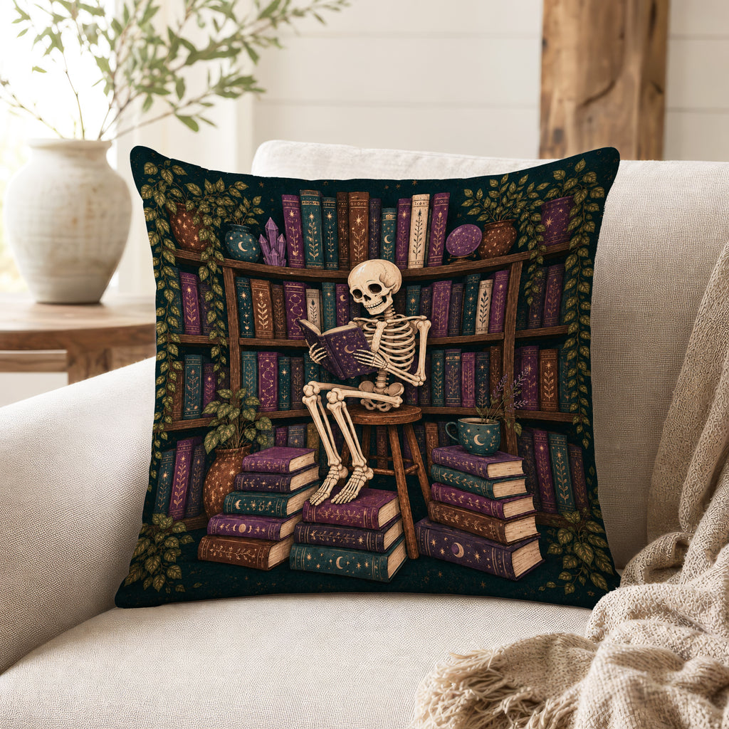 The Midnight Librarian – Skeleton Book Lover Pillow