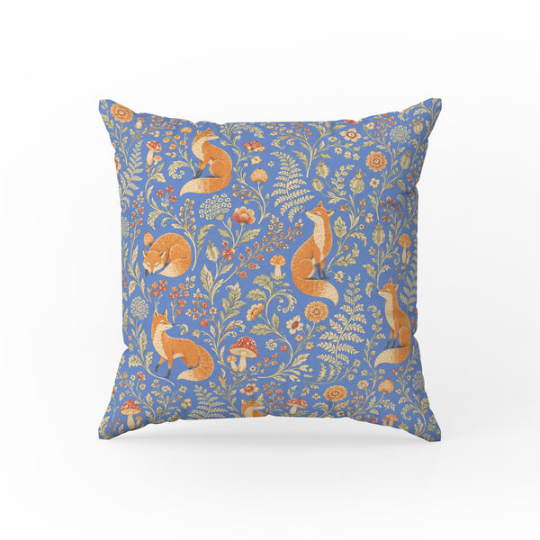 Foxes in Bloom – Blue Woodland Floral Pillow