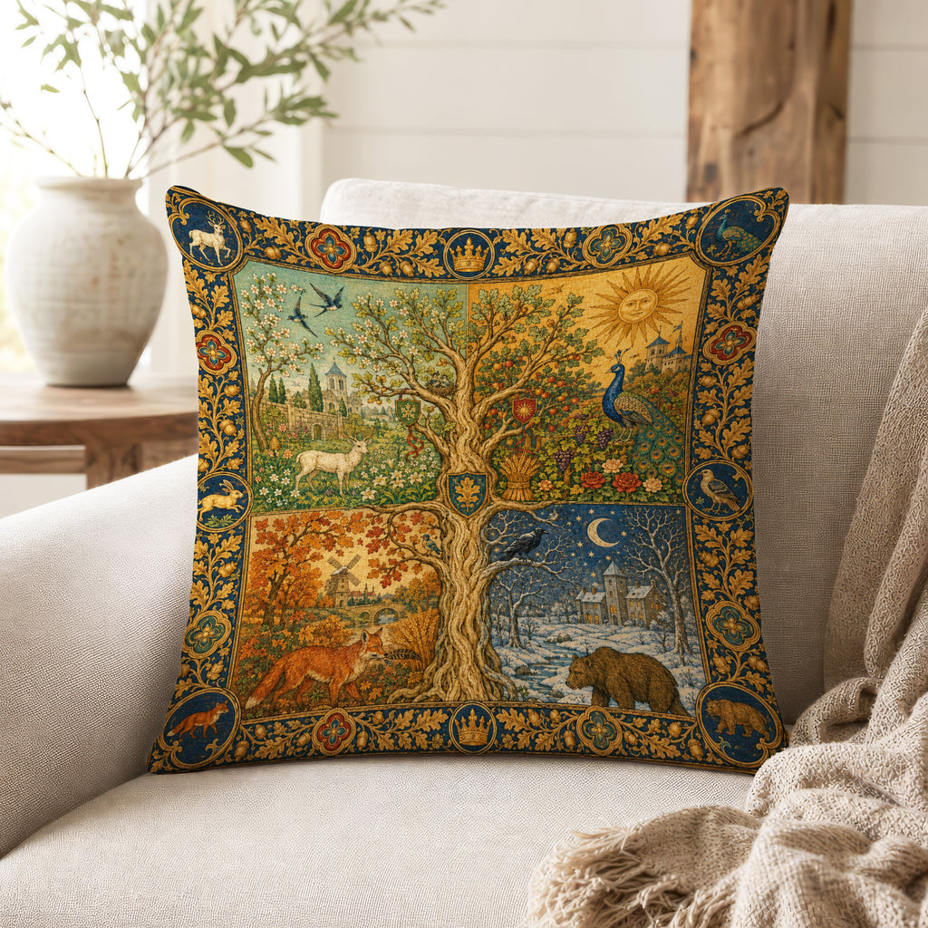 The Four Seasons Tree – Medieval Tapestry Pillow