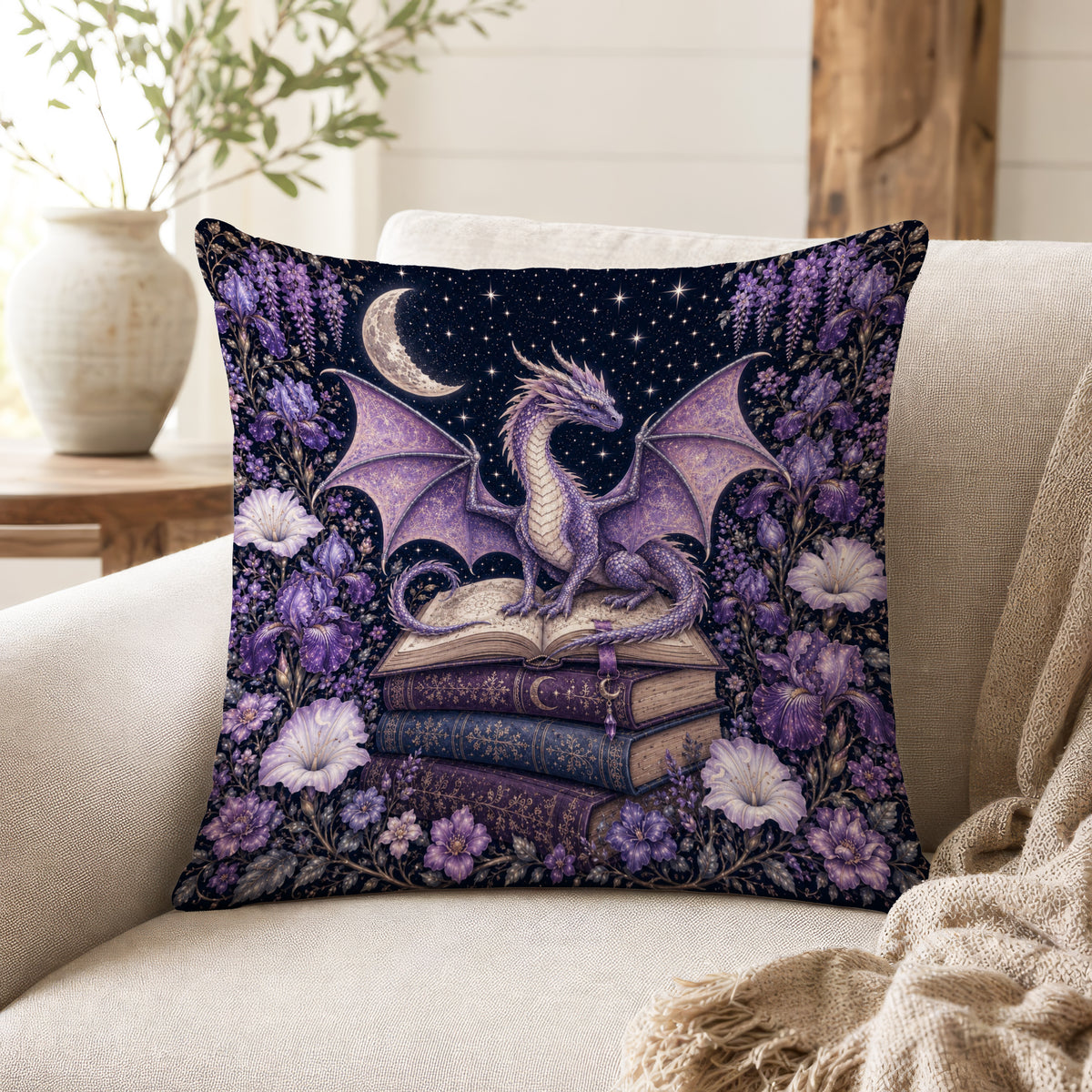 Moonlit Dragon Library – Purple Fantasy Pillow