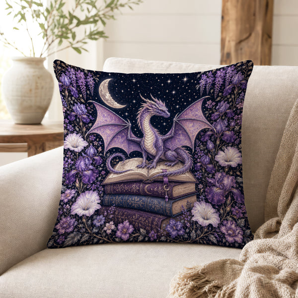Moonlit Dragon Library – Purple Fantasy Pillow