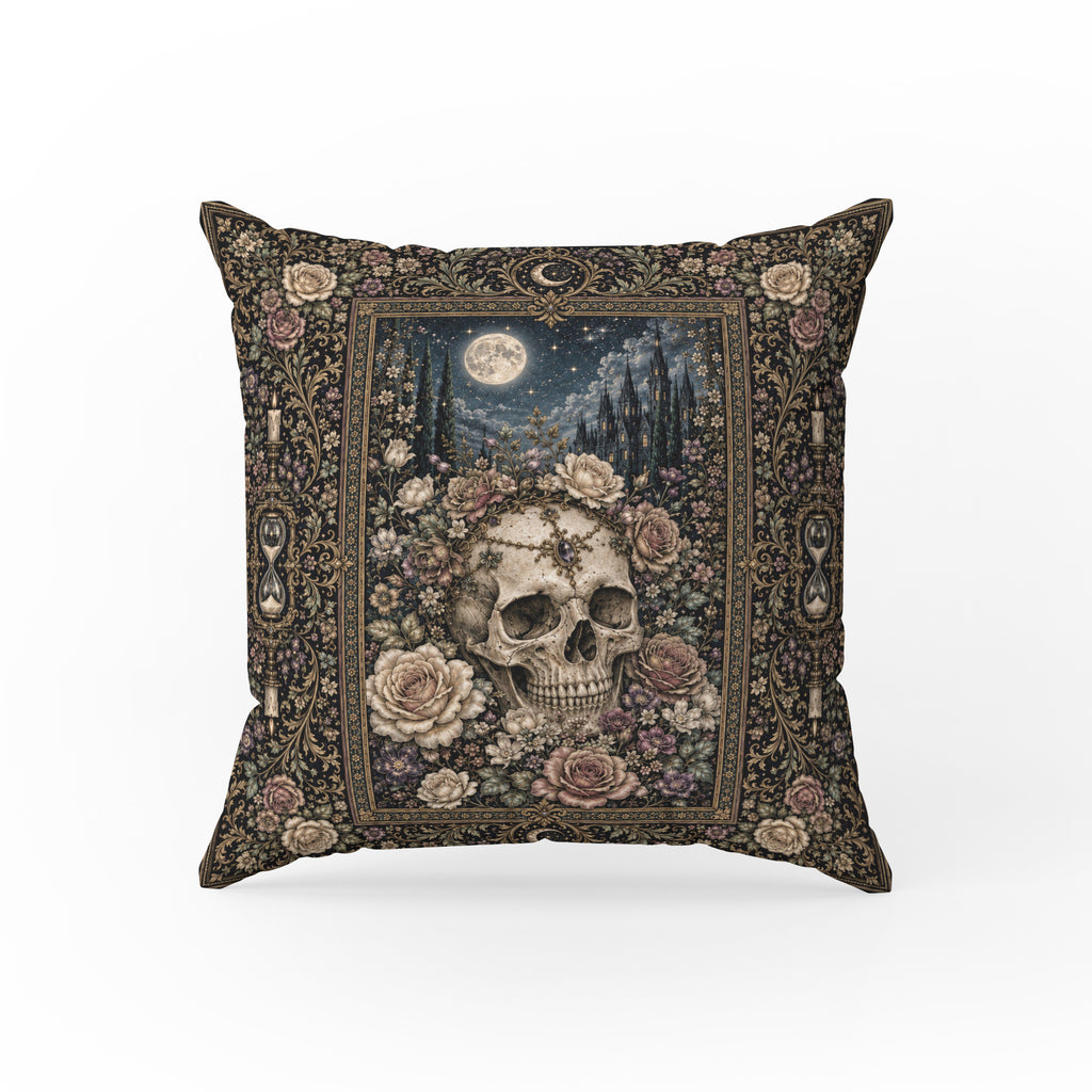 Memento Mori Garden – Skull & Roses Gothic Pillow