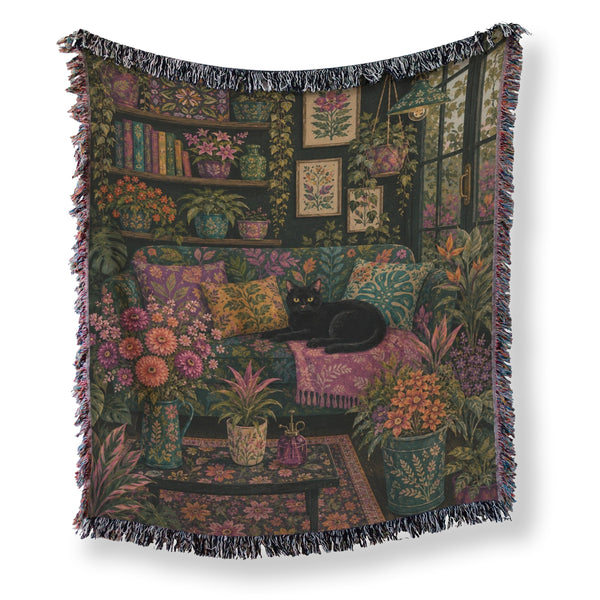 Dark Botanical Black Cat Blanket