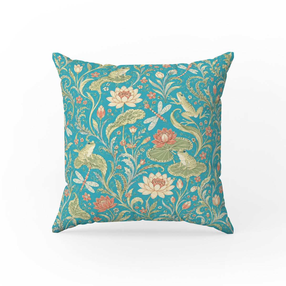 Lotus Pond Frogs – Turquoise Botanical Pillow Main image