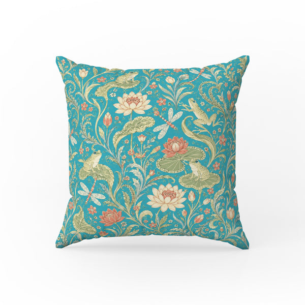 Lotus Pond Frogs – Turquoise Botanical Pillow