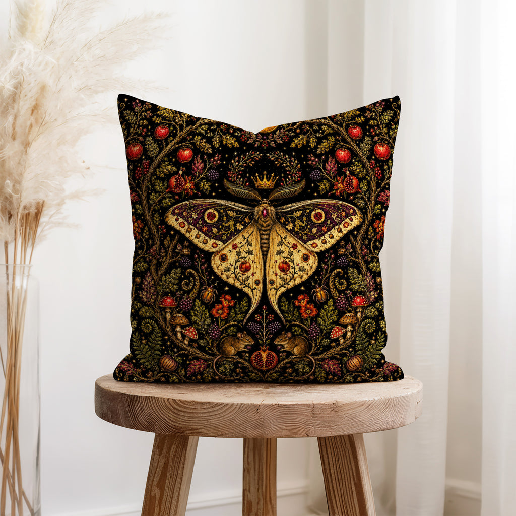 The Crowned Luna – Moth & Pomegranate Pillow