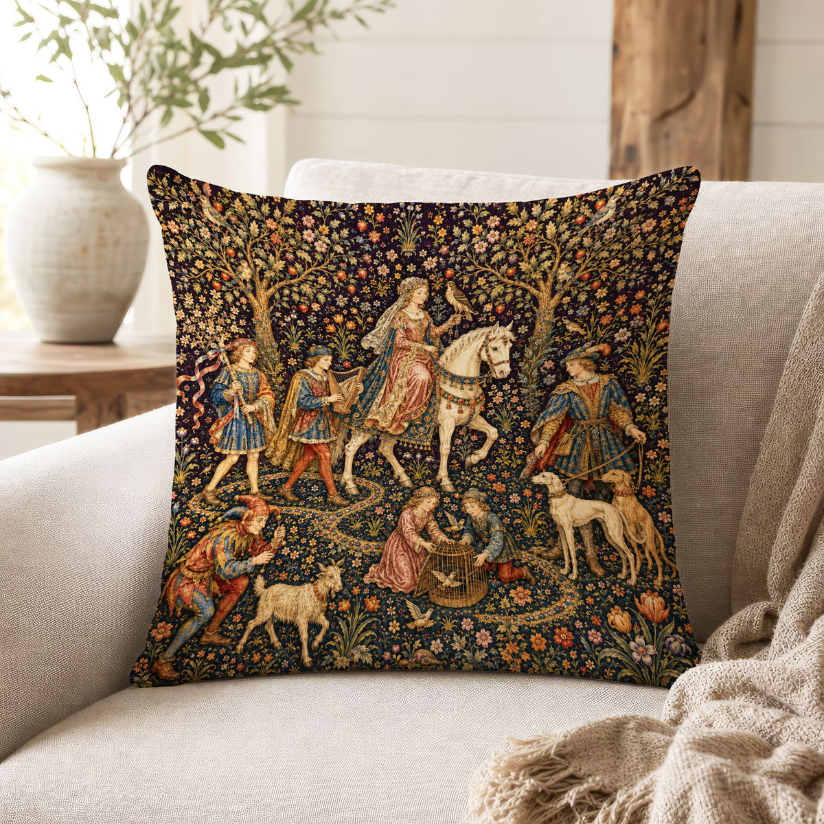 The Noble Procession – Medieval Court Tapestry Pillow