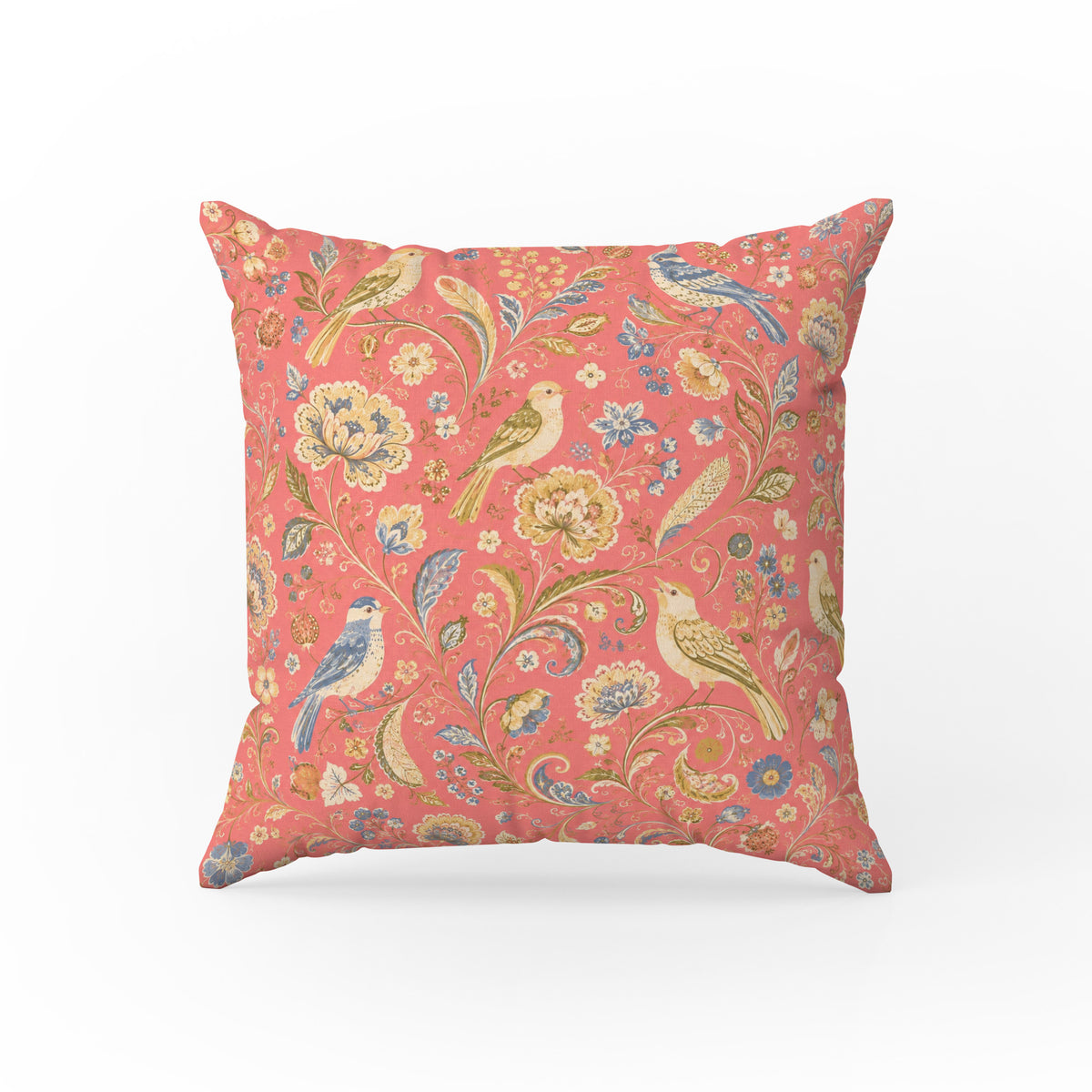 Coral Songbirds – Vintage Floral Bird Pillow Main image