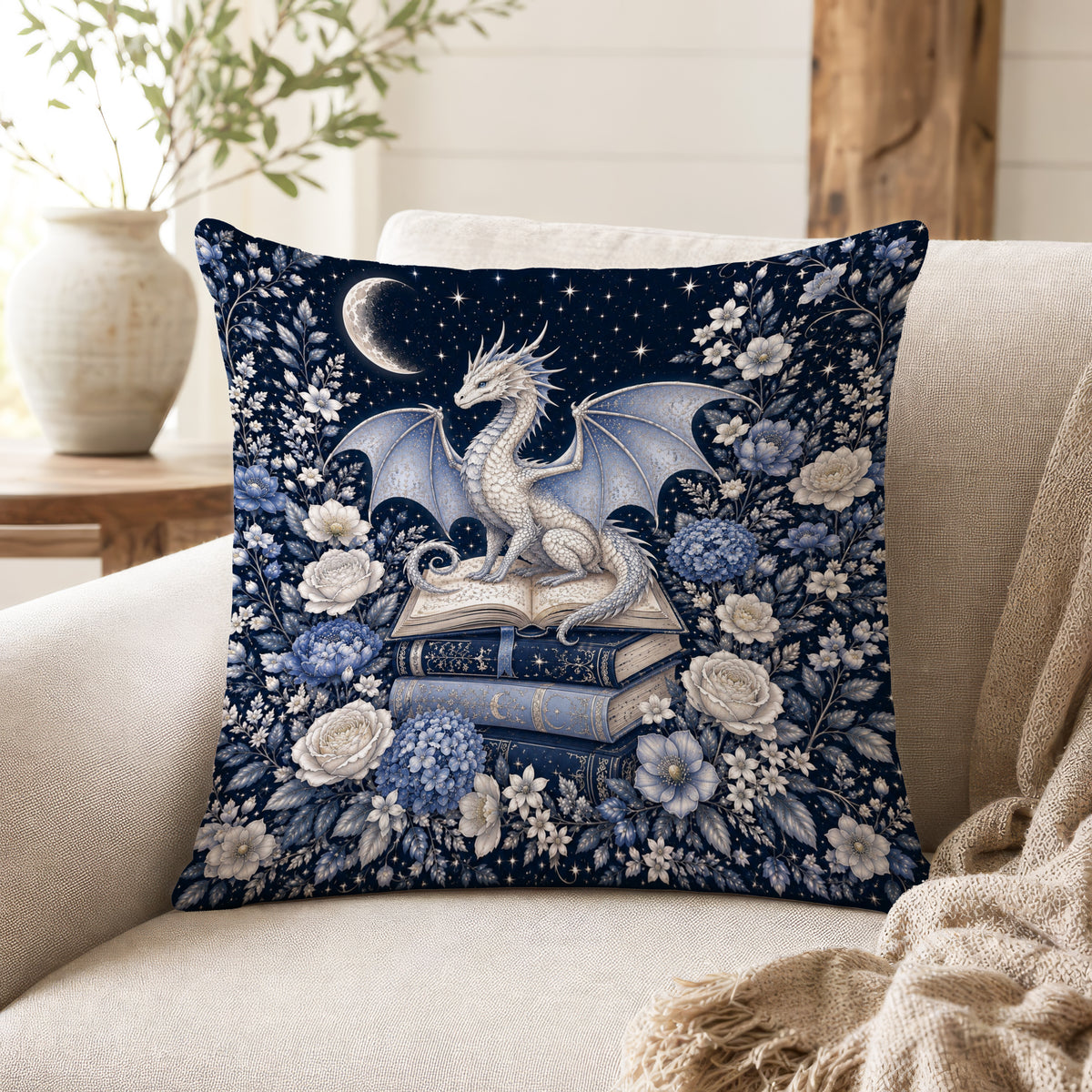 Silver Dragon Library – Blue Fantasy Pillow