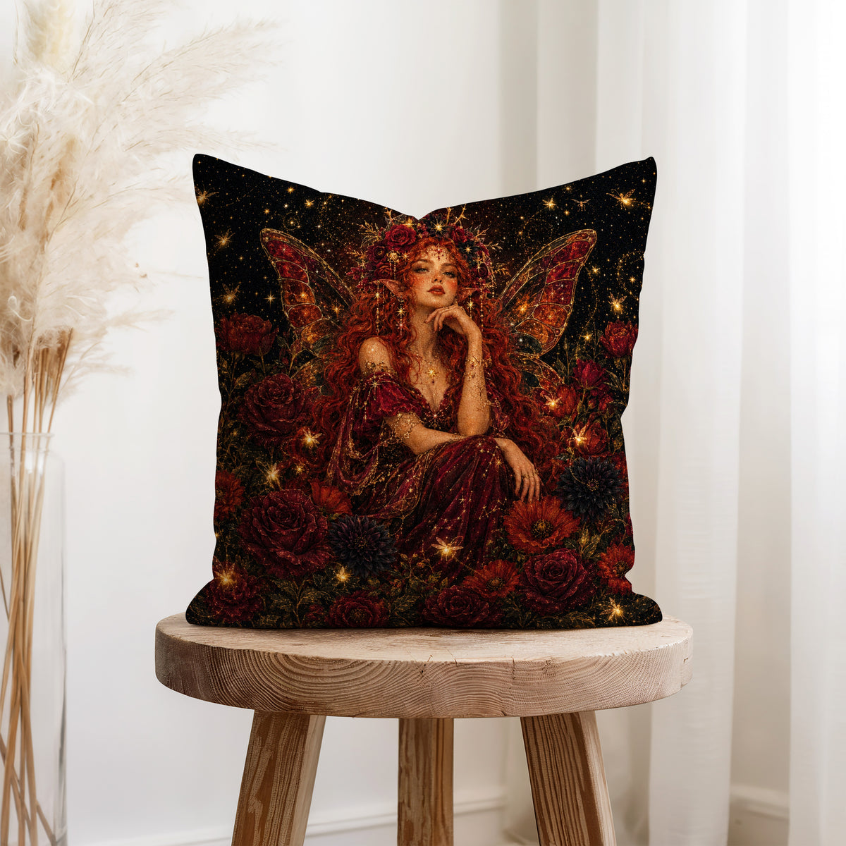 Crimson Rose Fairy – Romantic Fantasy Pillow