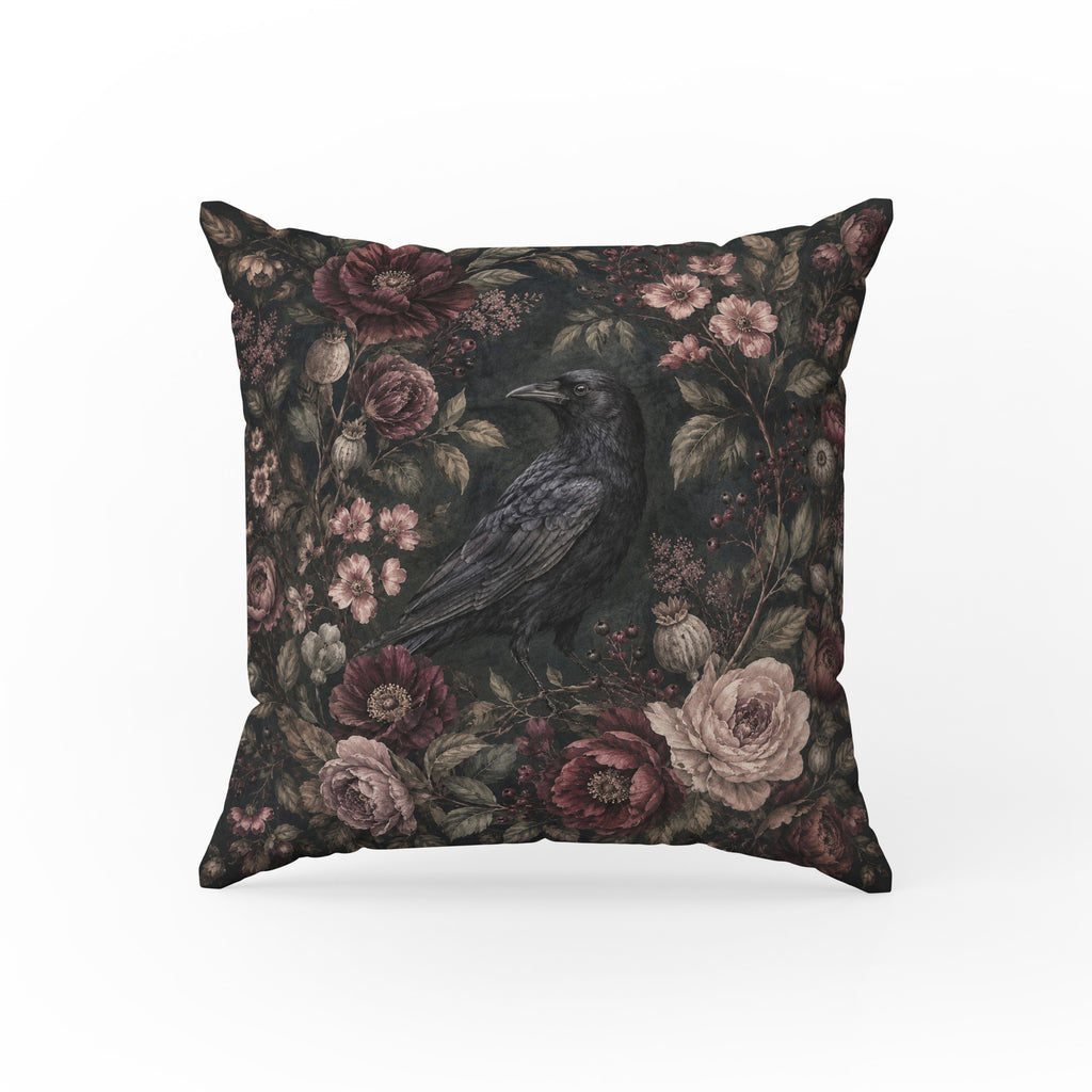 Raven Among Roses – Gothic Floral Pillow