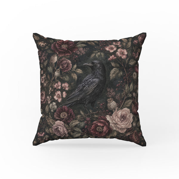 Raven Among Roses – Gothic Floral Pillow