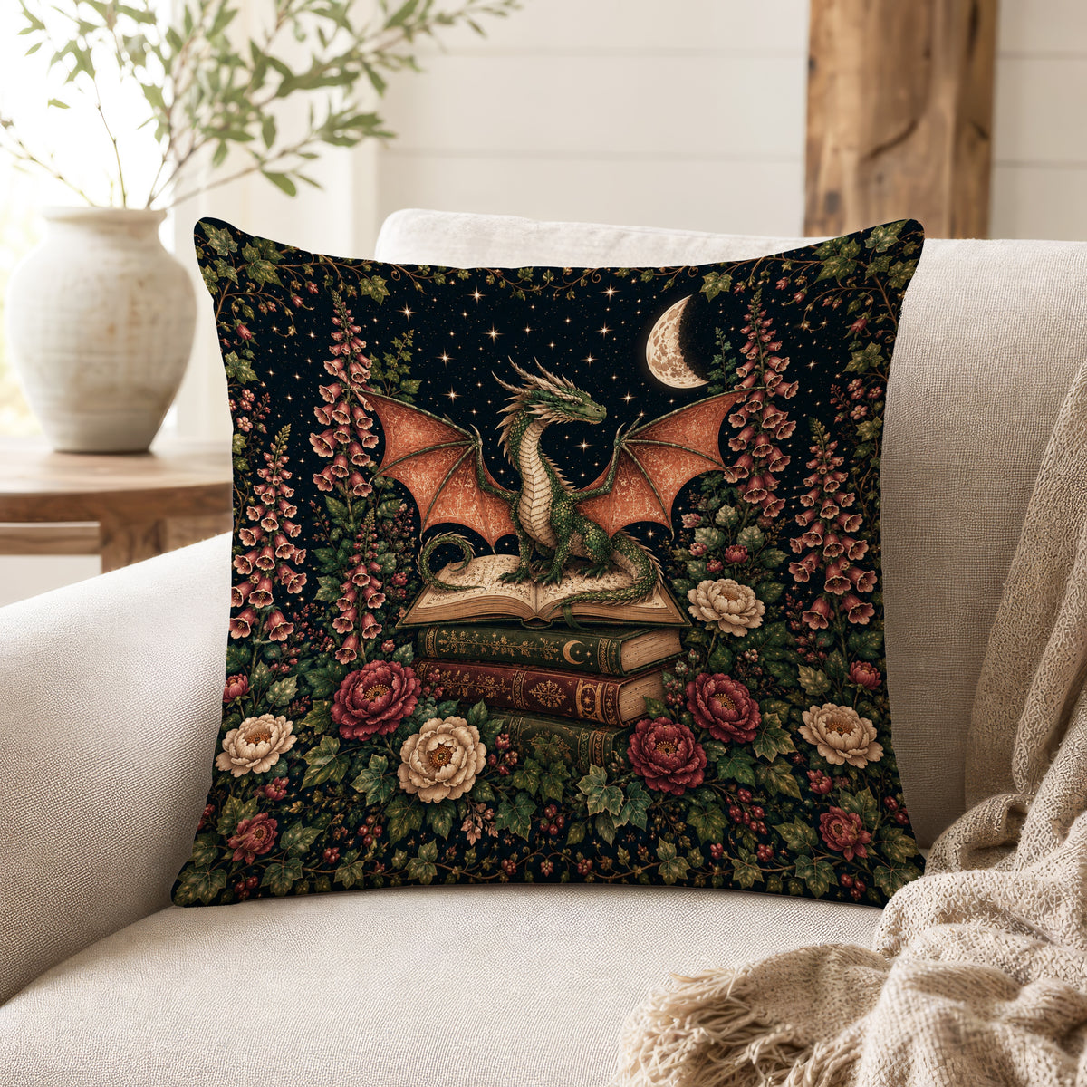 The Ivy Dragon – Dark Botanical Fantasy Pillow