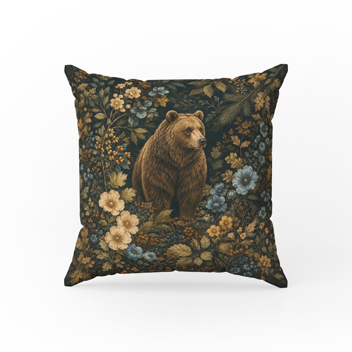 The Woodland Bear – Dark Botanical Pillow Main image