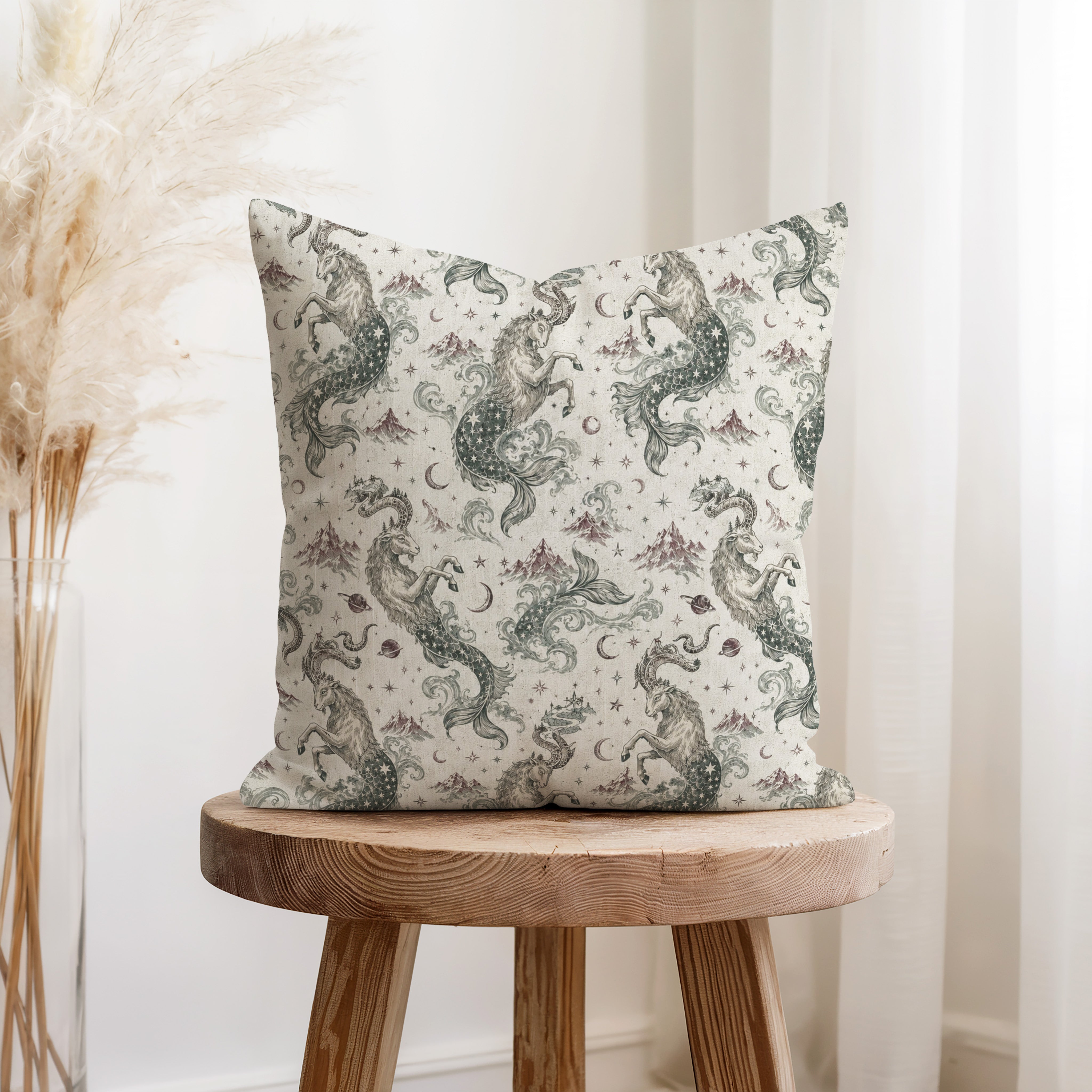 Capricorn Sea-Goats – Vintage Zodiac Pattern Pillow Secondary image