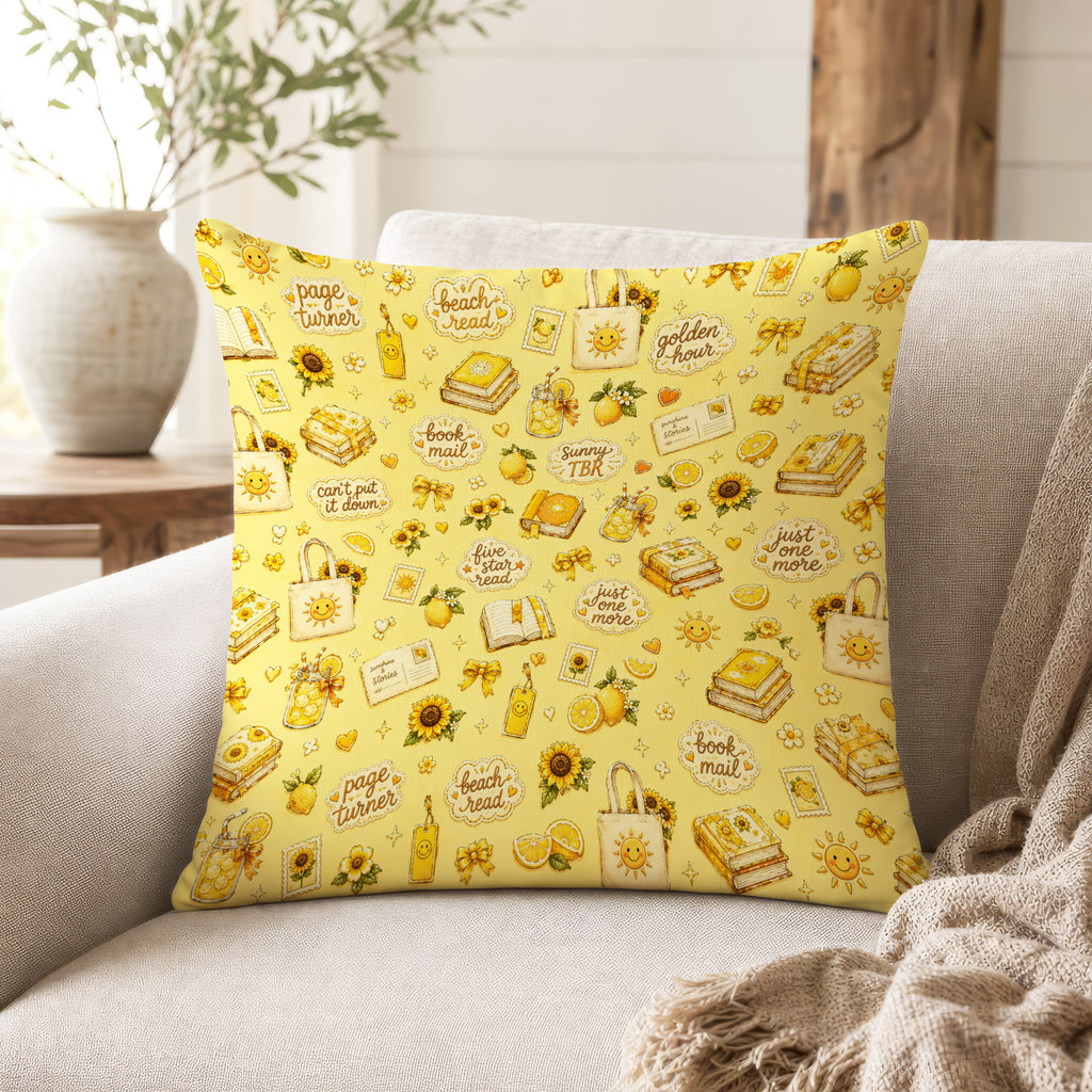Golden Hour Reader – Yellow Book Lover Pillow