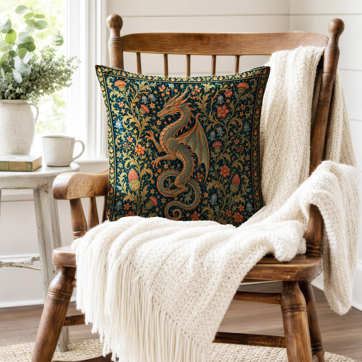 The Verdant Wyrm – Medieval Dragon Tapestry Pillow