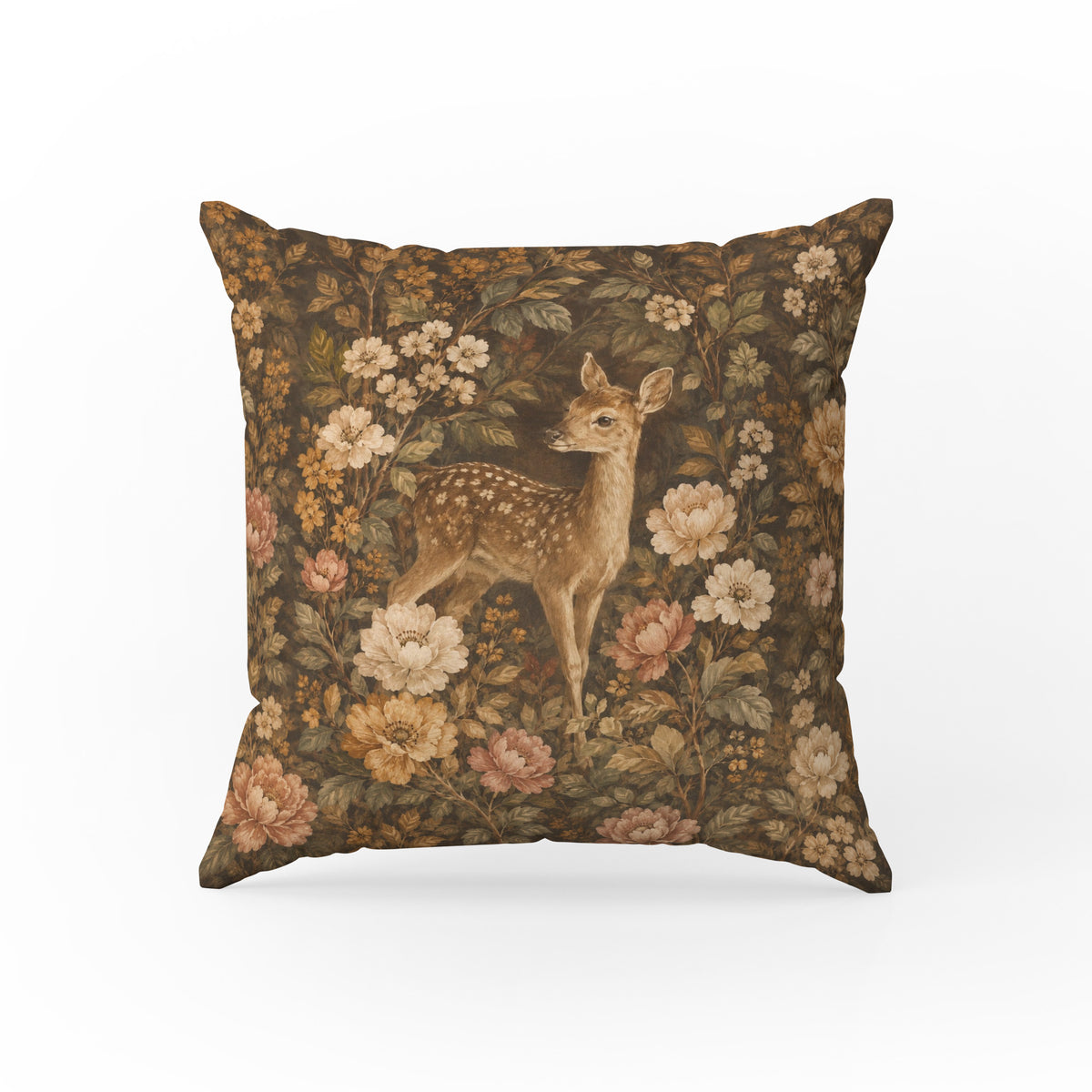 Fawn in the Flowers – Vintage Woodland Pillow Main image