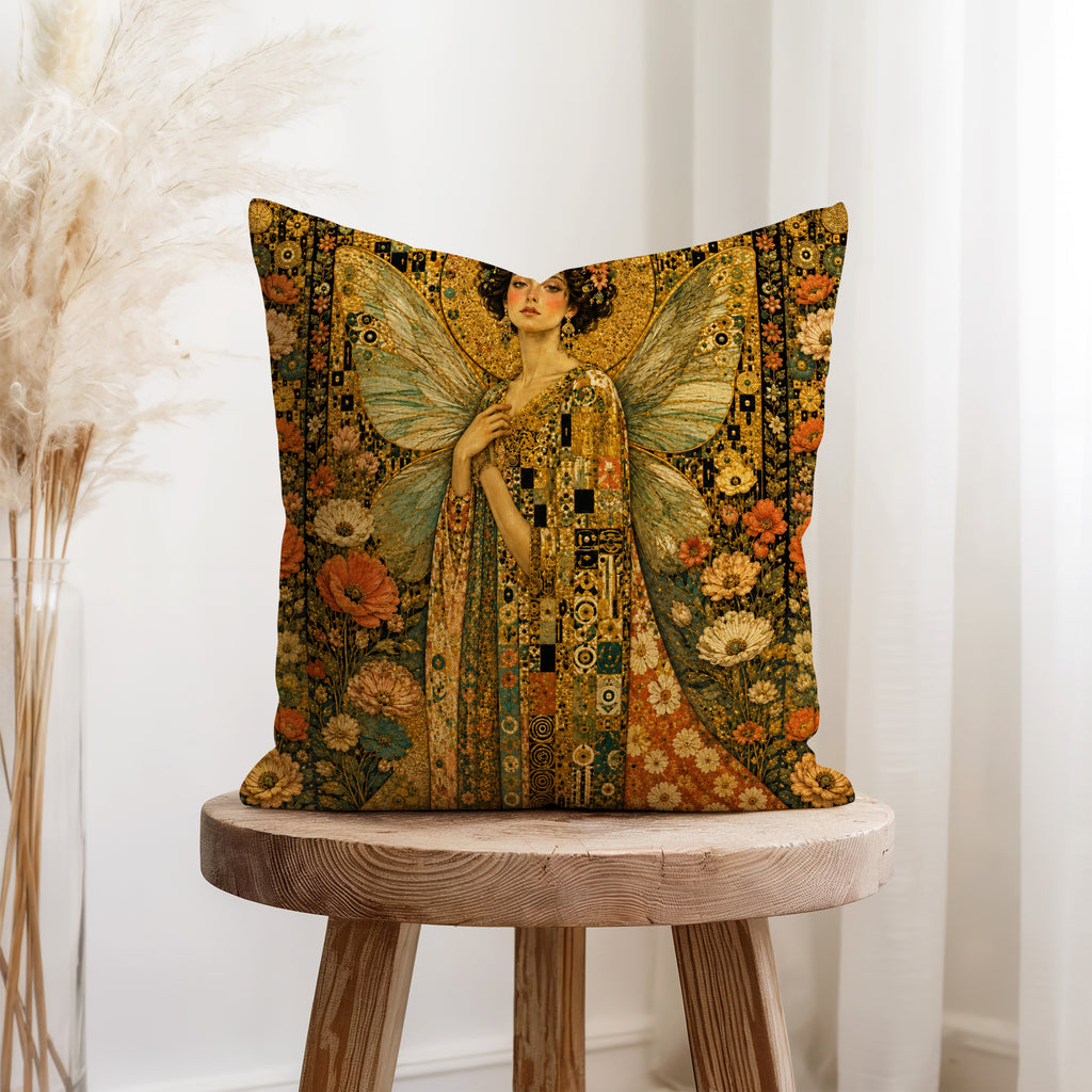 Golden Muse Fairy – Art Nouveau Floral Pillow