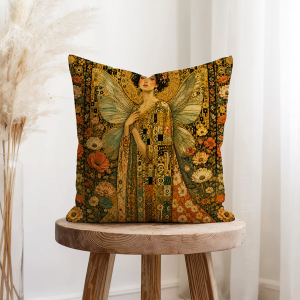 Golden Muse Fairy – Art Nouveau Floral Pillow