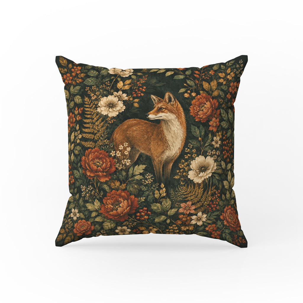 Fox in the Autumn Garden – Dark Woodland Pillow