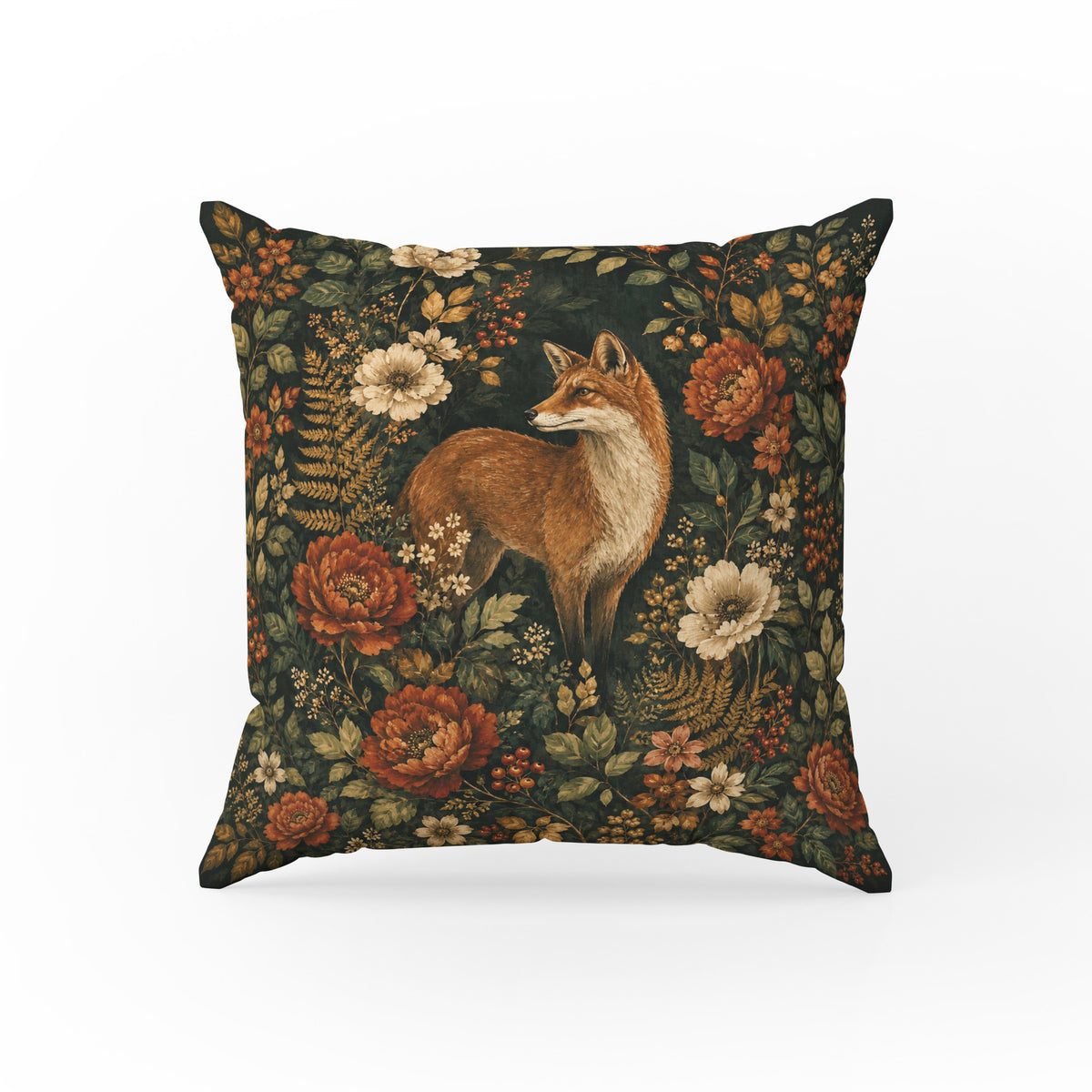 Fox in the Autumn Garden – Dark Woodland Pillow