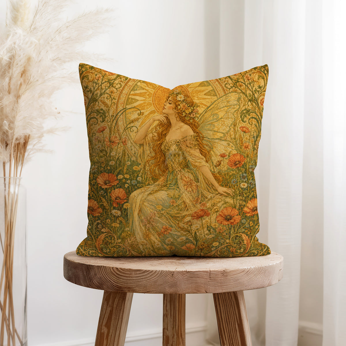 Sunlit Meadow Fairy – Art Nouveau Pillow