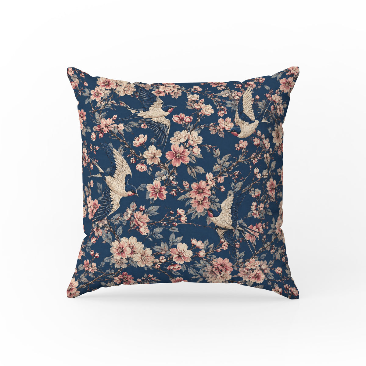 Swallows in Blossom – Floral Bird Pillow Main image