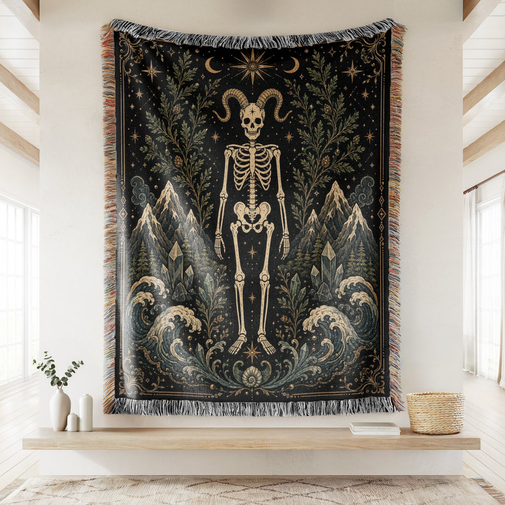 Capricorn Mountain & Sea – Gothic Skeleton Zodiac Blanket