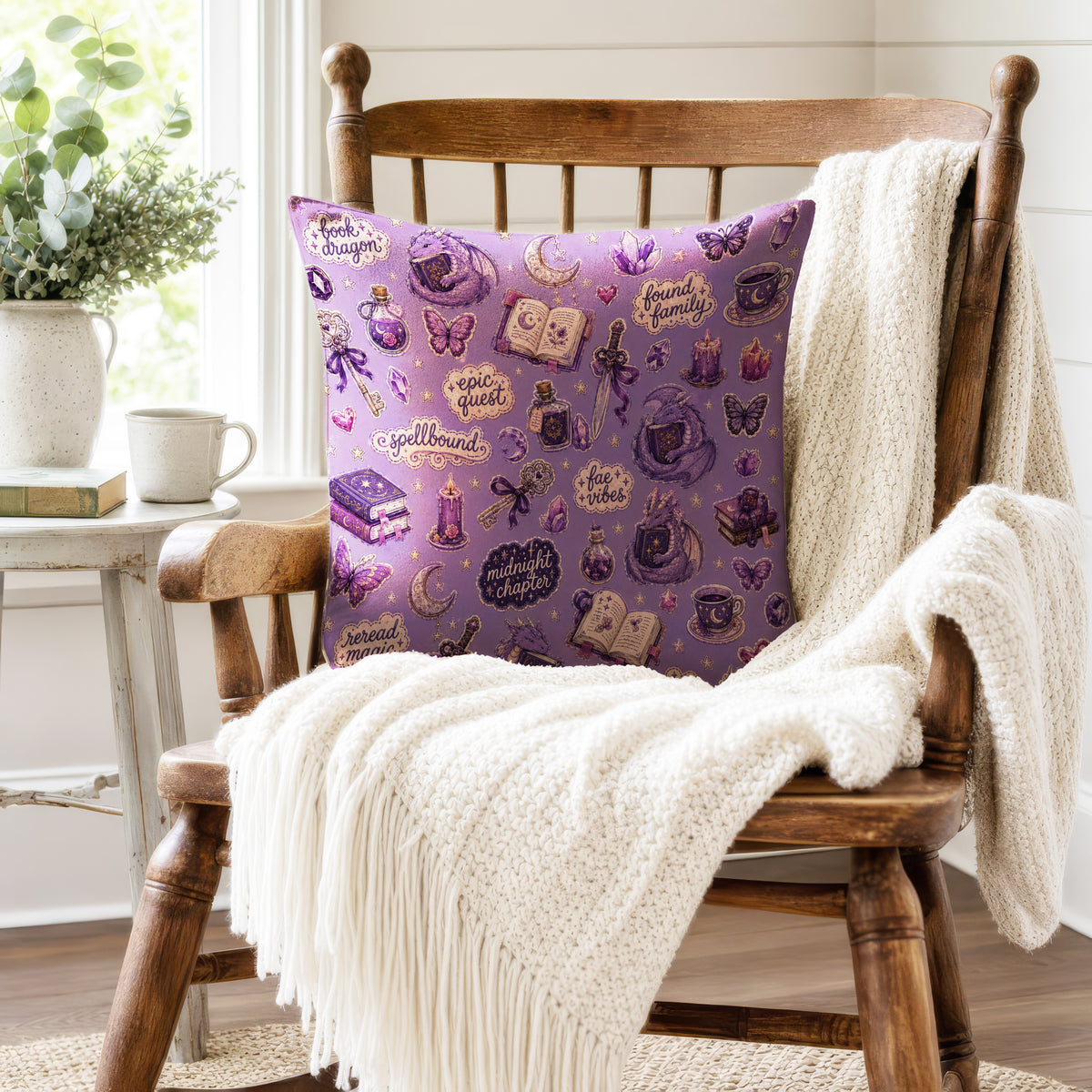Spellbound Reader – Purple Fantasy Book Pillow