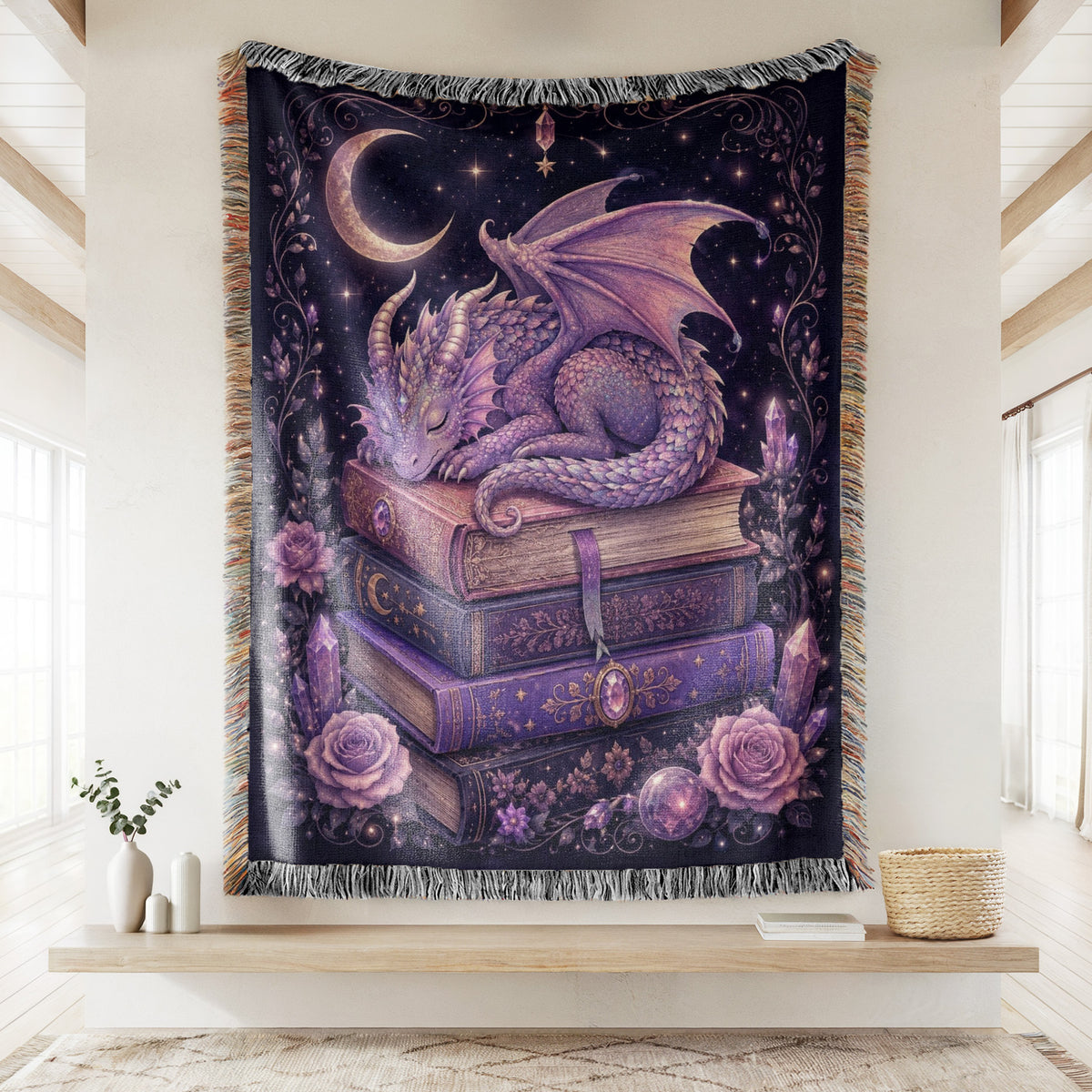 Moonlit Amethyst Dragon on Books Blanket