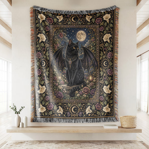 Winged Familiar Black Cat Blanket