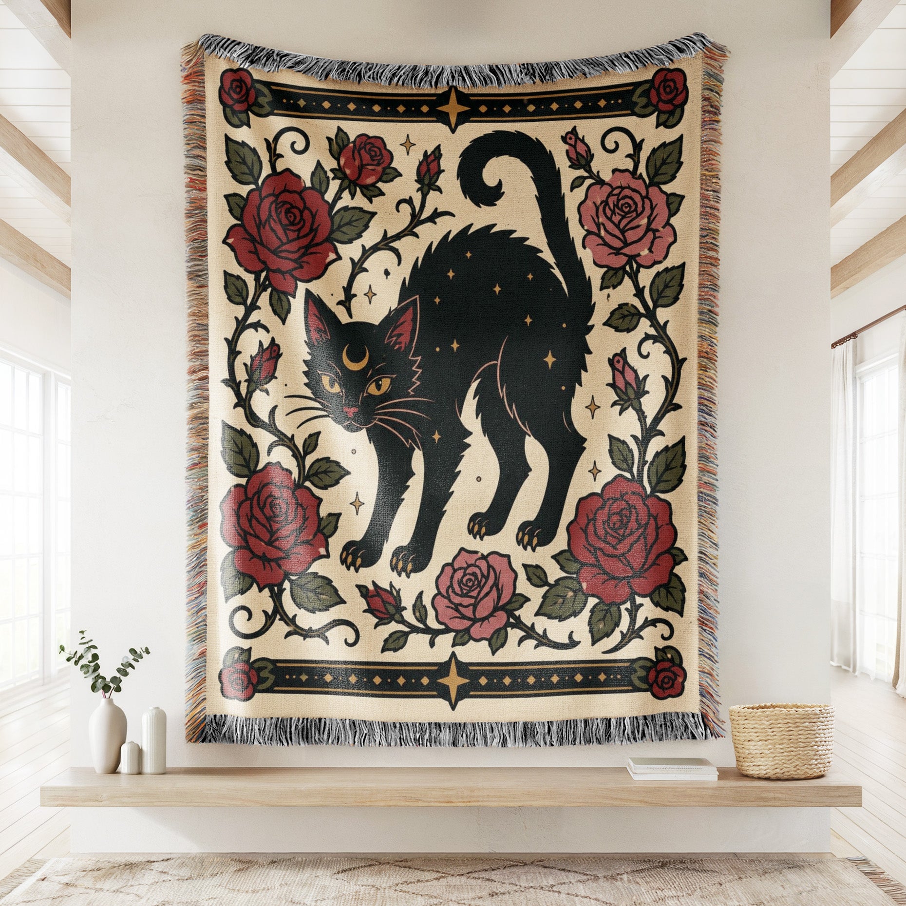 Black Cat & Roses Folk Blanket Secondary image